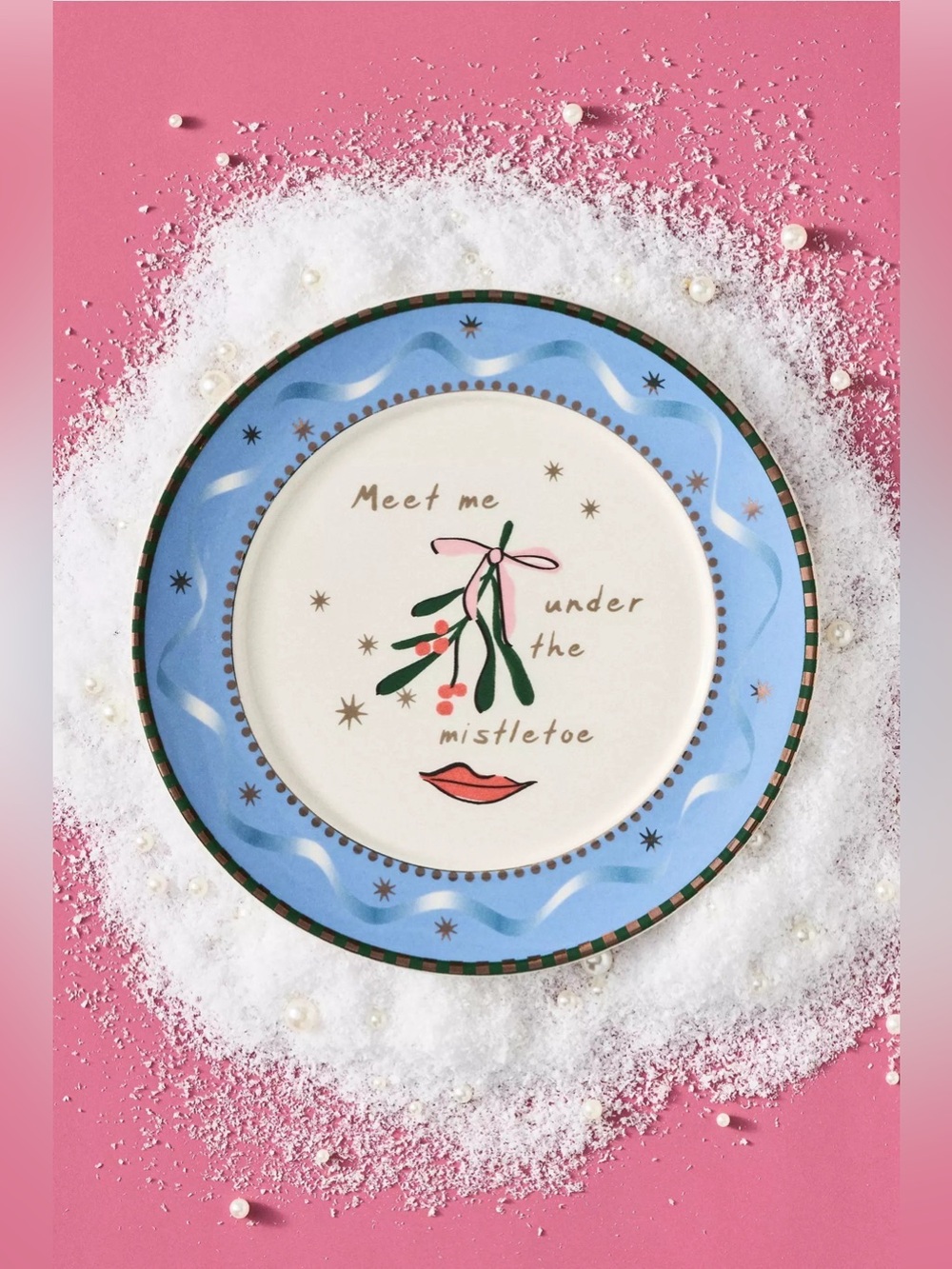 NWT Anthropologie Caroline Stoneware Holiday Dessert Plate Blue Mistletoe